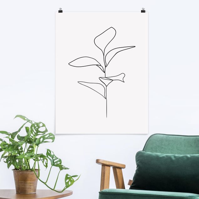 Déco mur cuisine Line Art Feuilles de plantes Noir et Blanc