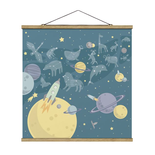 Tableau deco bleu Planètes avec zodiaque et missiles