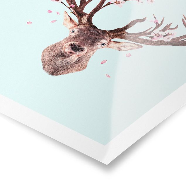 Tableaux turquoise Cerf avec fleurs de cerisier