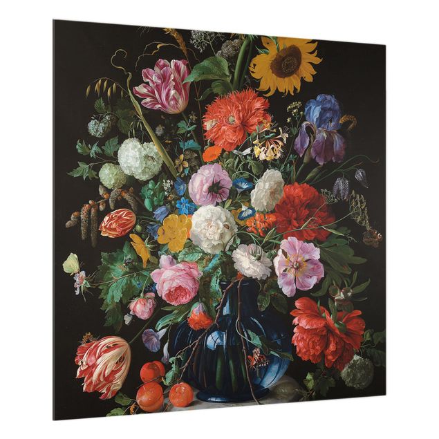 Fonds de hotte avec fleurs Jan Davidsz de Heem - Des tulipes, un tournesol, un iris et d'autres fleurs dans un vase en verre sur le socle en marbre d'une colonne