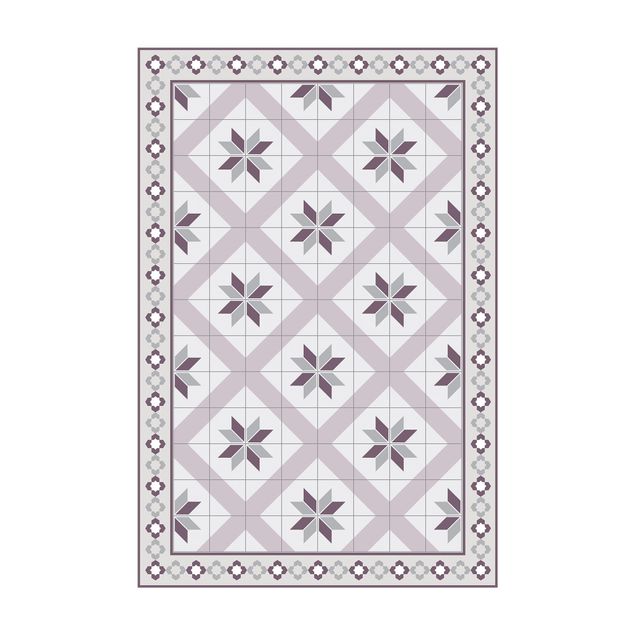 tapis salon moderne Carreaux géométriques Fleurs Losanges Lilas avec bordure