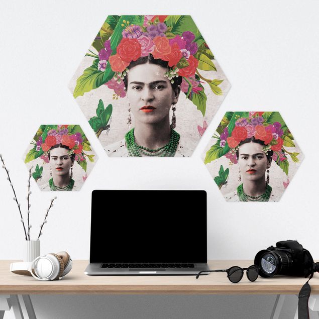 Tableau hexagon Frida Kahlo - Portrait de fleurs