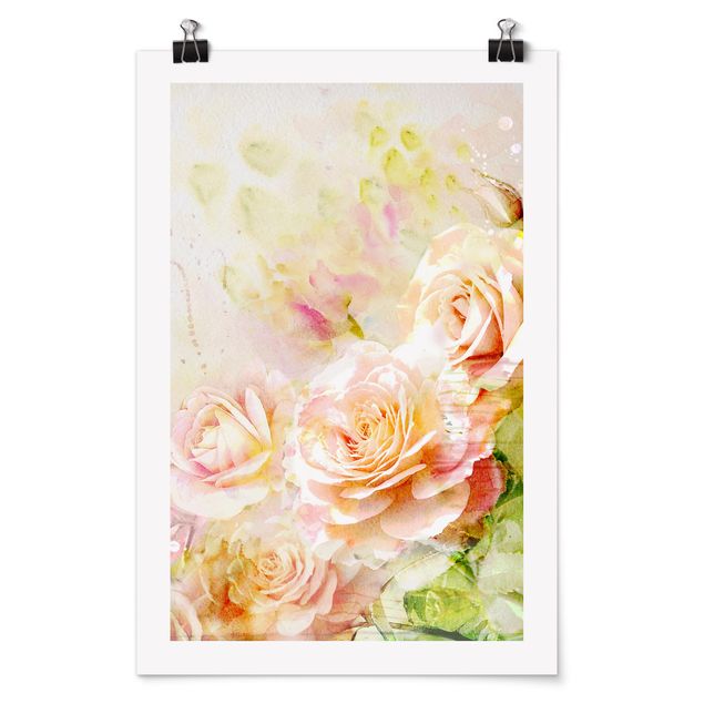 Tableau romantique amour Composition de roses à l'aquarelle