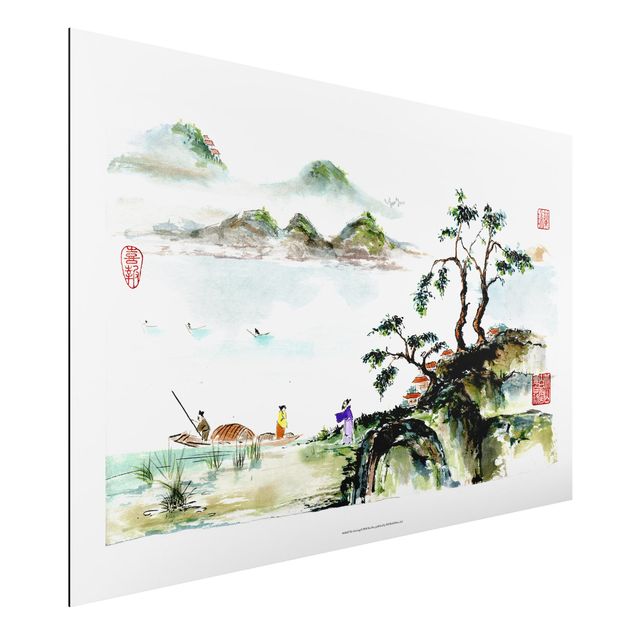 Déco murale cuisine Dessin Aquarelle Japonaise Lac et Montagnes