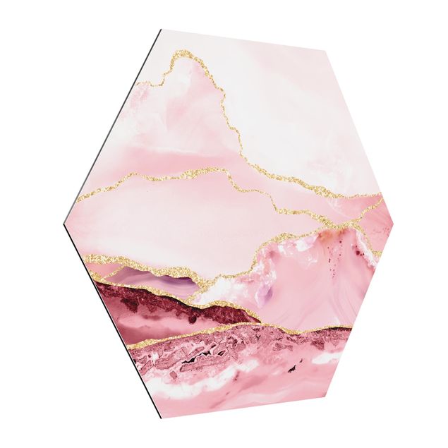 Tableaux abstraits Abstract Mountains Pink With Golden Lines