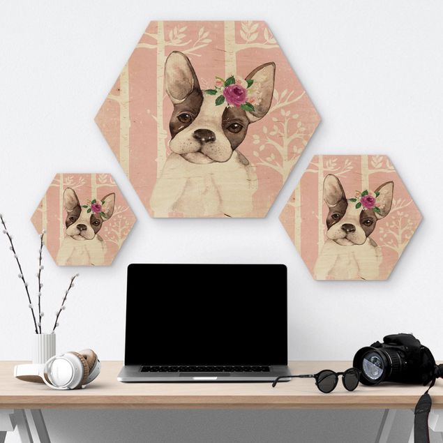 Hexagon Picture Wood - Watercolor Pug Pink