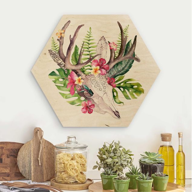 Tableaux en bois avec fleurs Crâne de fleur tropicale II