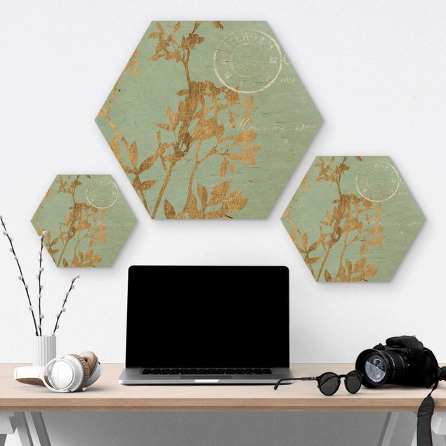 Hexagone en bois - Golden Leaves On Turquoise I