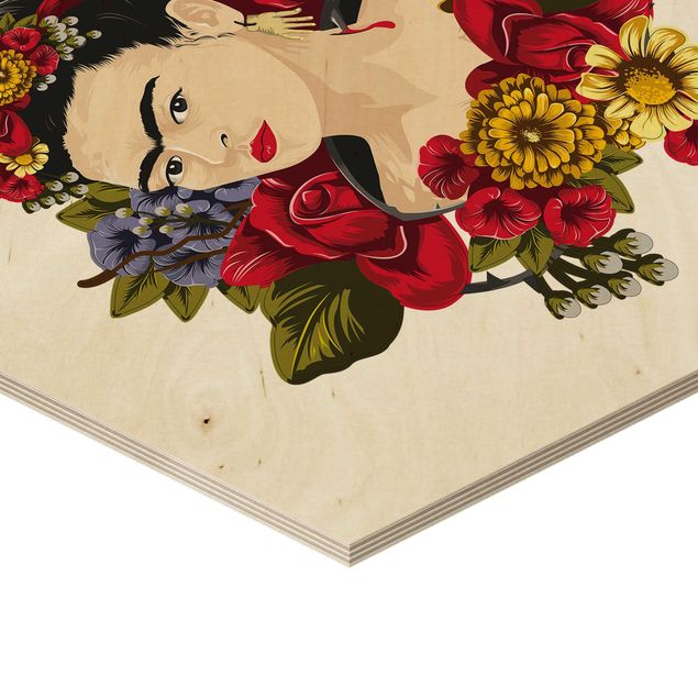 Hexagone en bois - Frida Kahlo - Roses