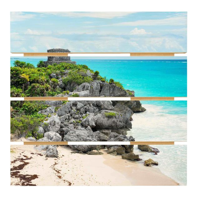 Tableaux en bois avec plage & mer Ruines de Tulum sur la côte caraïbe