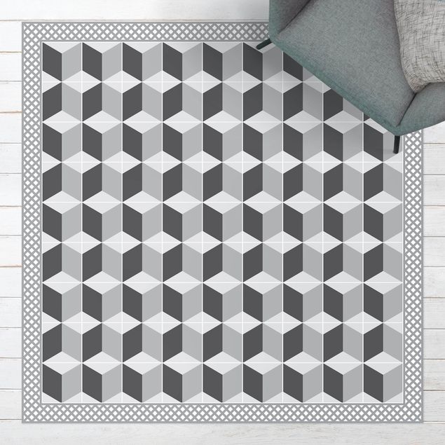 tapis extérieur jardin Carreaux géométriques Illusion d'escaliers en gris avec bordure