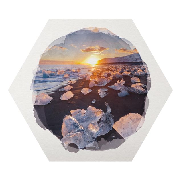 Tableaux modernes Aquarelles - Morceaux de glace sur la plage Islande