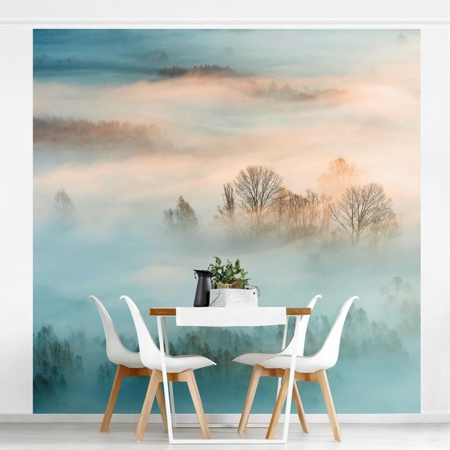 Papier peint panoramique forêt Brouillard au lever du soleil