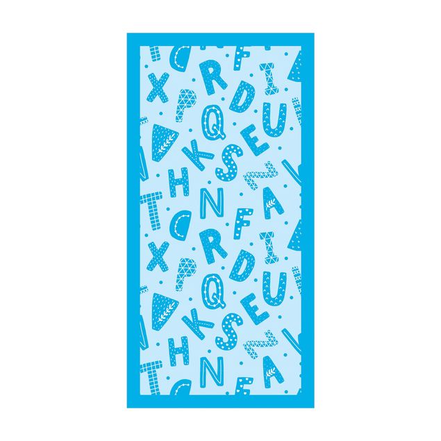 tapis salon moderne Alphabet avec cœurs et points en bleu avec cadre