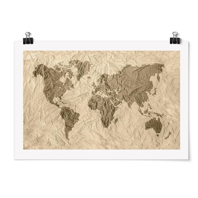 Posters mappemonde Carte du Monde en Papier Beige Marron