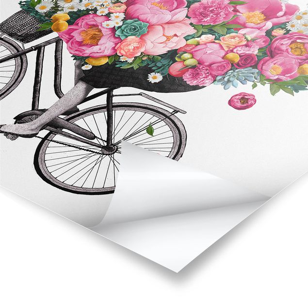 Tableaux muraux Illustration Femme à Bicyclette Collage Fleurs Colorées