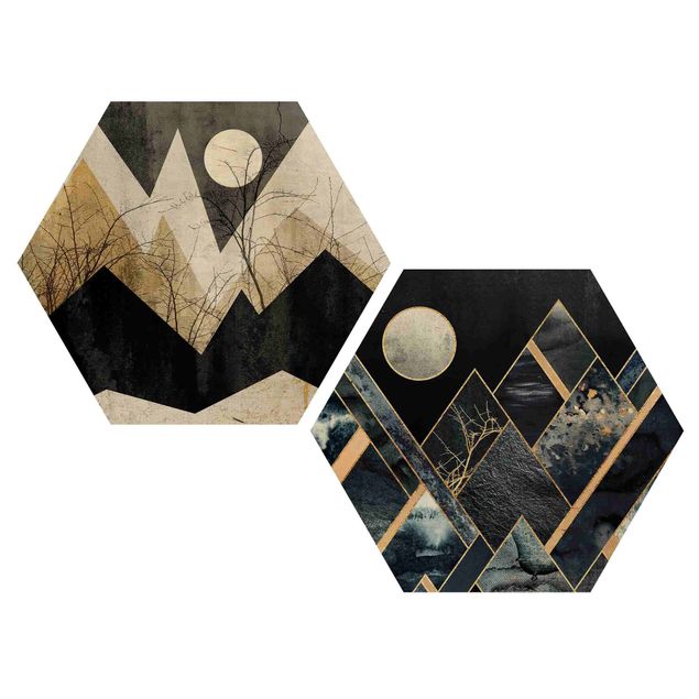 Tableaux bois Lune dorée et montagnes géométriques