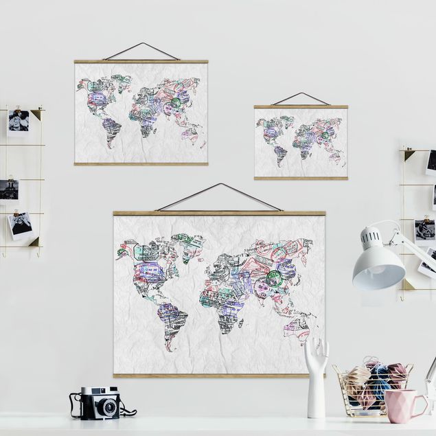Tableau textile Silhouette urbaine de Passeport Carte du Monde