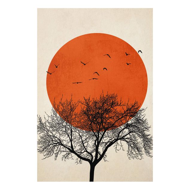 Tableau paysages Volée d'oiseaux devant un soleil rouge II