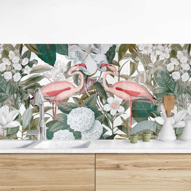 Déco mur cuisine Flamants roses avec feuilles et fleurs blanches