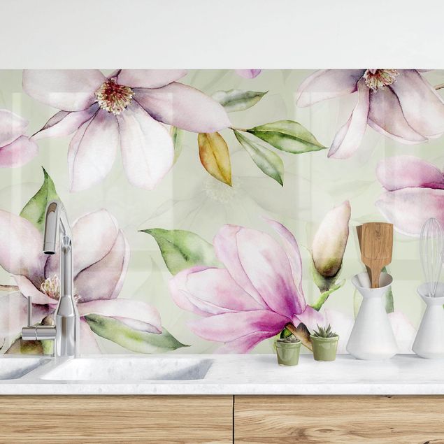 Déco mur cuisine Illustration de magnolia sur vert menthe