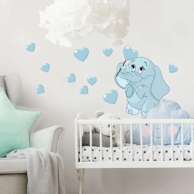 Déco chambre enfant Bébé Eléphant avec Des cœurs Bleus