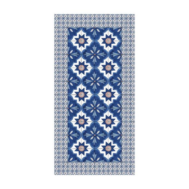 tapis imitation carreaux de ciment Carreaux Marocains Aquarelle Bleue avec Cadre Carreaux