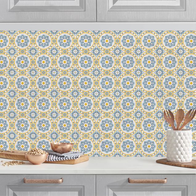 Déco mur cuisine Carreaux floraux bleu jaune