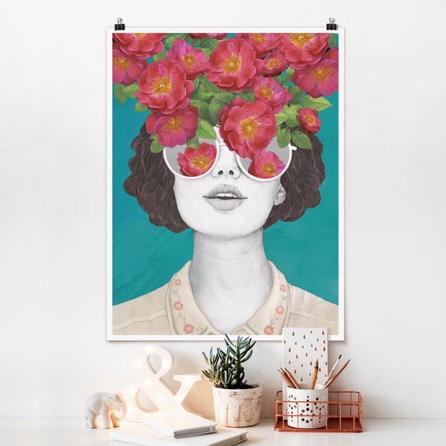 Tableaux moderne Illustration Portrait Femme Collage avec Fleurs Lunettes