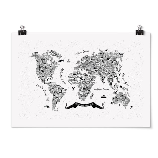 Tableau carte du monde Typographie Carte du Monde Blanche
