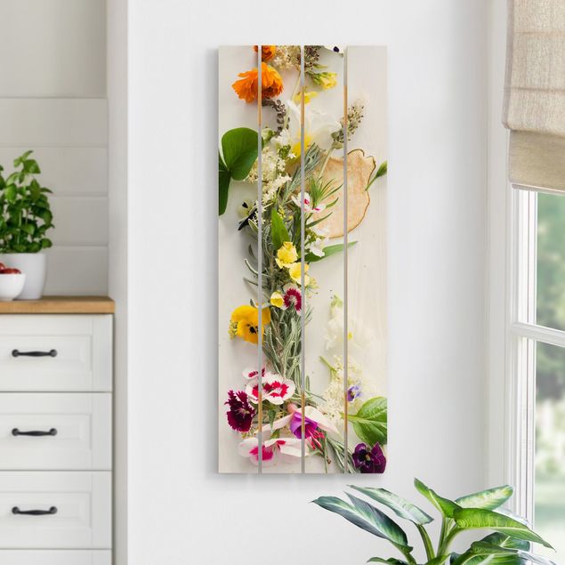 Tableaux en bois avec fleurs Herbes fraîches et fleurs comestibles