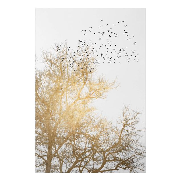 Tableaux paysage Foule d'oiseaux devant un arbre doré