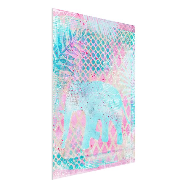 Déco murale cuisine Collage coloré - Eléphant en bleu et rose