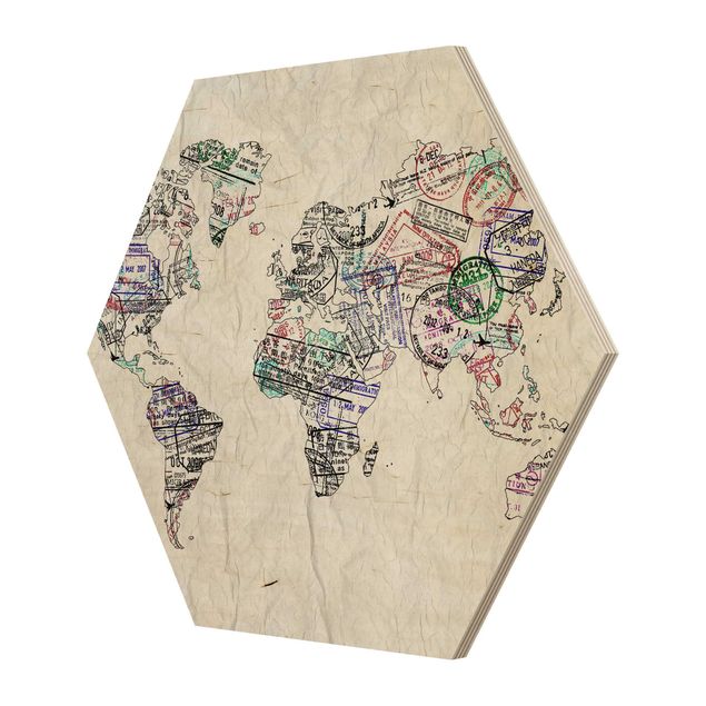Hexagone en bois - Passport Stamp World Map