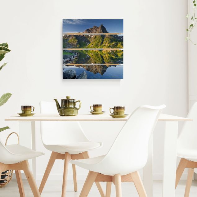 Tableaux en bois avec paysage Paysage de montagne avec reflet d'eau en Norvège
