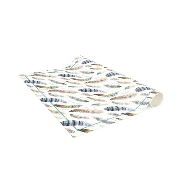 tapis modernes Plumes aquarelle Boho en Couleurs Terreuses avec Cadre