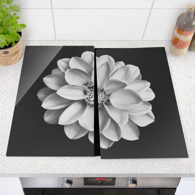 Cache plaques de cuisson fleurs Dahlia Noir et Blanc