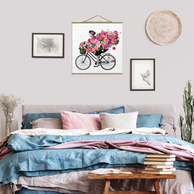 Tableaux modernes Illustration Femme à Bicyclette Collage Fleurs Colorées
