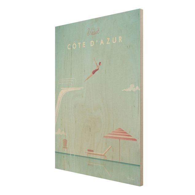 Tableaux en bois avec plage & mer Poster de voyage - Côte D'Azur
