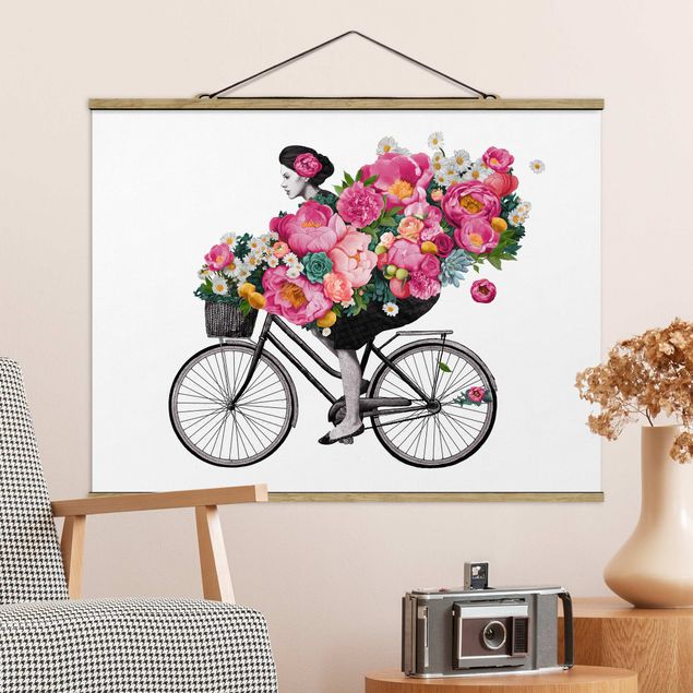 Décorations cuisine Illustration Femme à Bicyclette Collage Fleurs Colorées