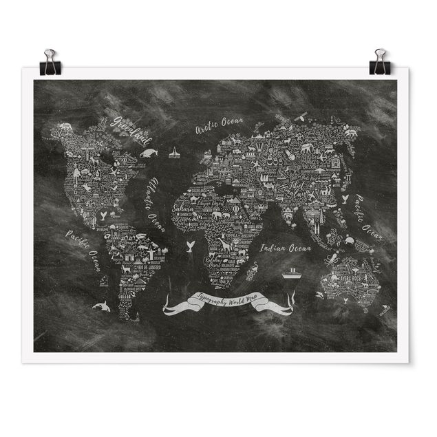 Tableaux mappemonde Carte du monde en typographie à la craie