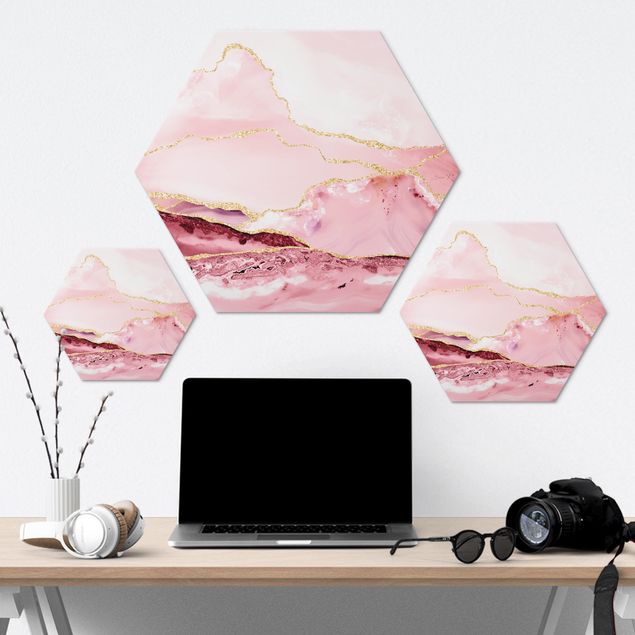 Tableaux muraux Abstract Mountains Pink With Golden Lines