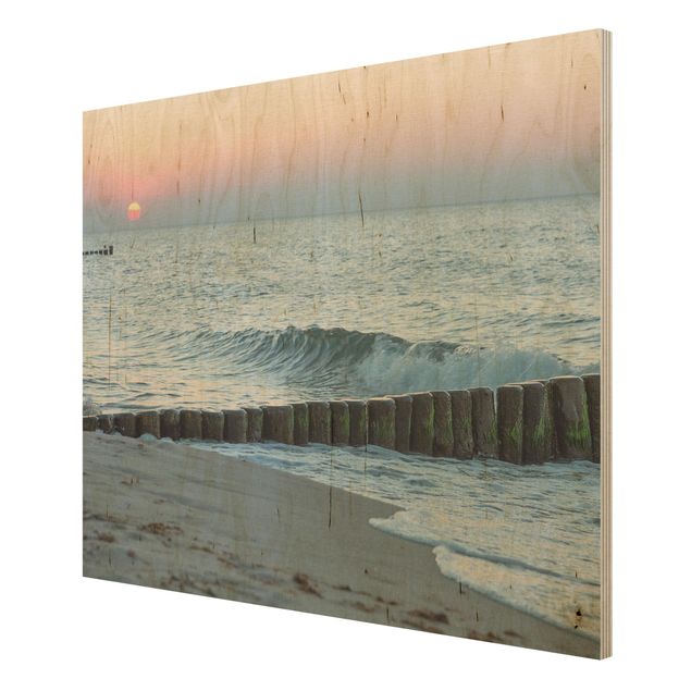 Tableaux en bois avec plage & mer Coucher de soleil sur la mer