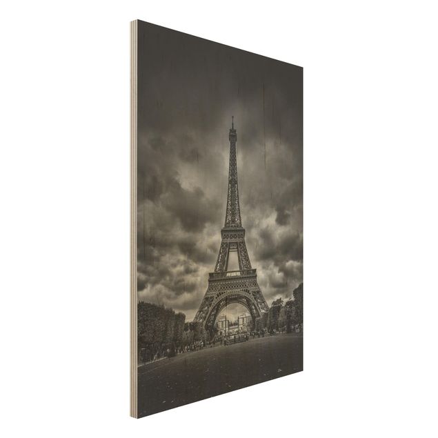 Tableau décoration Tour Eiffel devant des nuages en noir et blanc