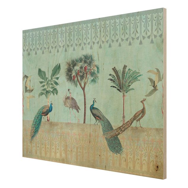 Tableau vintage bois Collage vintage - Oiseau tropical avec palmiers