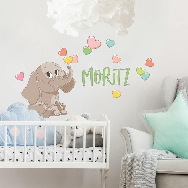 Sticker mural animaux Éléphant arc-en-ciel avec des cœurs colorés