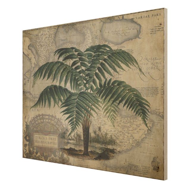 Tableaux en bois avec paysage Collage Vintage - Palmier et carte du monde