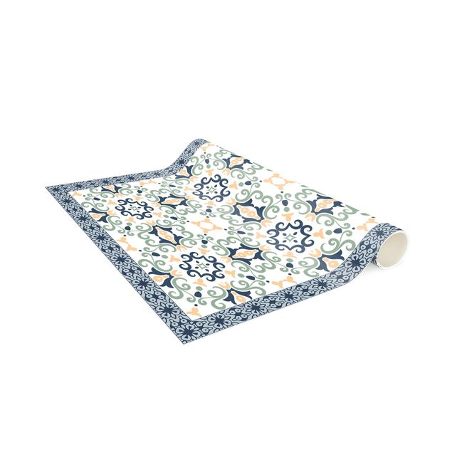 tapis longs Carreaux floraux bleu jaunâtre avec bordure