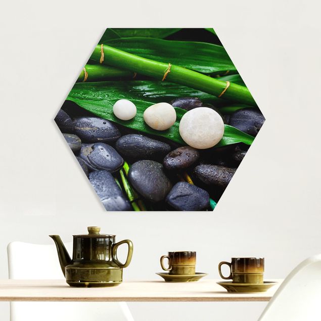 Déco murale cuisine Bambou vert avec pierres zen