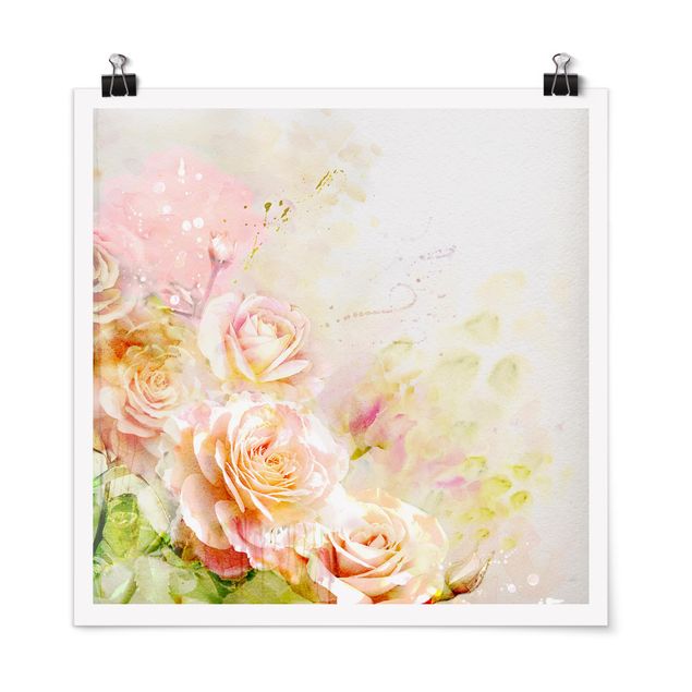 tableaux floraux Composition de roses à l'aquarelle